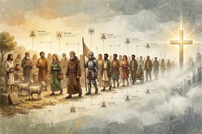 Illustrated procession of biblical figures walking toward a glowing cross on a city skyline, with a knight, villagers, and animals in the foreground.