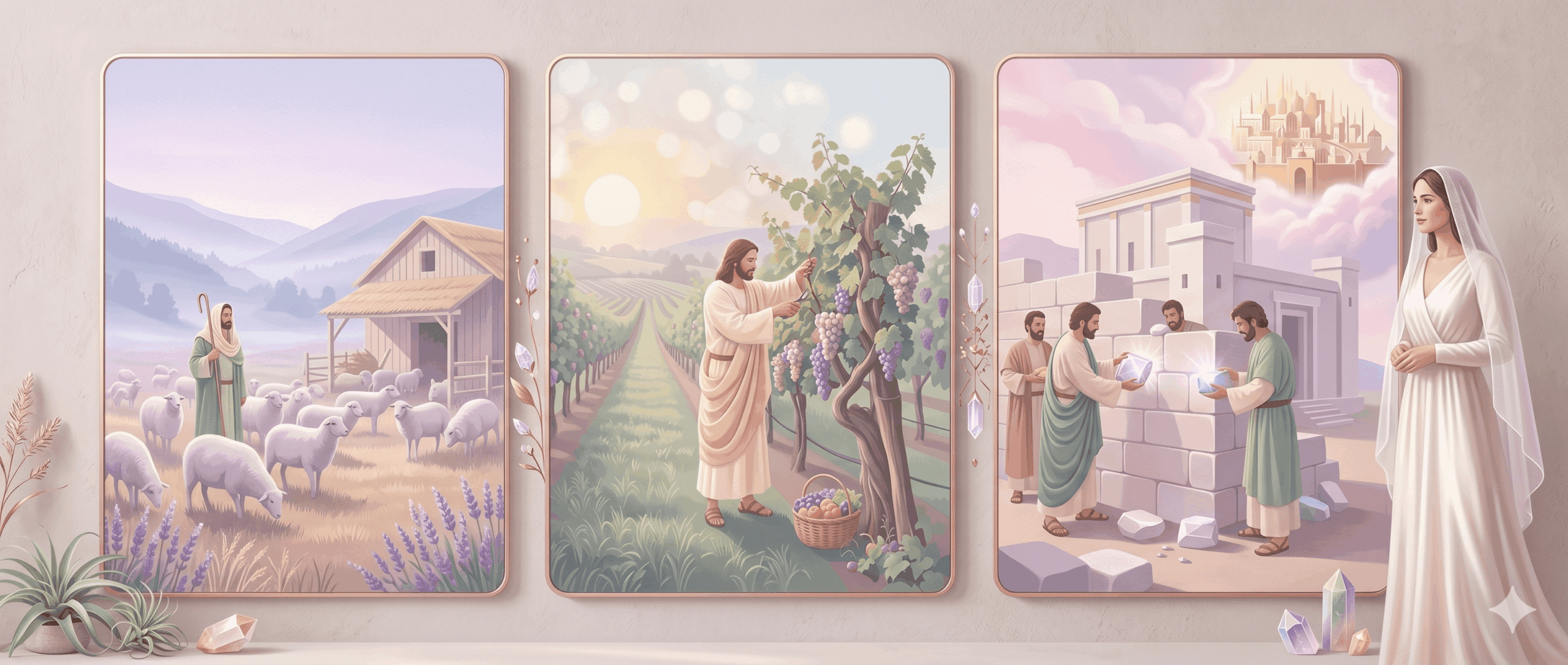 Three-panel mural: shepherd with sheep in a valley, Jesus pruning a grapevine, and workers laying stones near a distant city; a woman in white stands to the right.