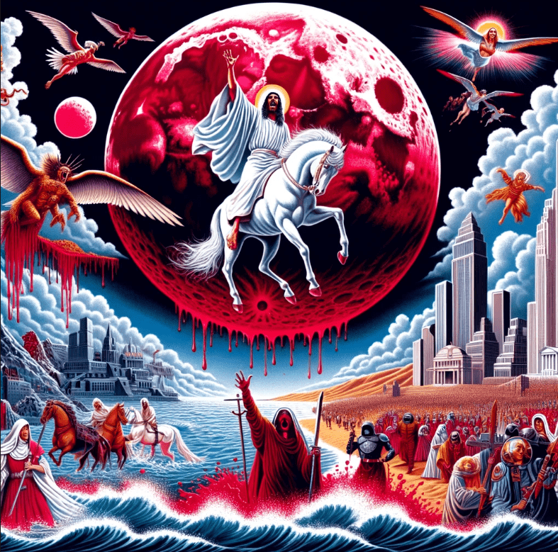 Imagenes del apocalipsis, La luna de sangre, cristo apareciendo en el cielo en su caballo blanco, la gran gbabilonia destruida bajo las olas