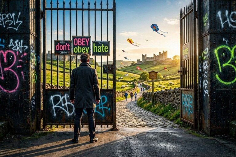 Man in a coat stands before graffiti-covered gates that open to a cobblestone path toward a sunlit countryside and kites in the sky, with a distant castle. - Informative image conveying journey and message of opening gate to hope in a graffiti setting.