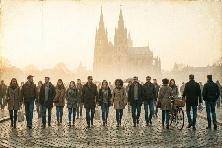 Group of people in coats walking along a cobbled street with a large Gothic cathedral in hazy background.