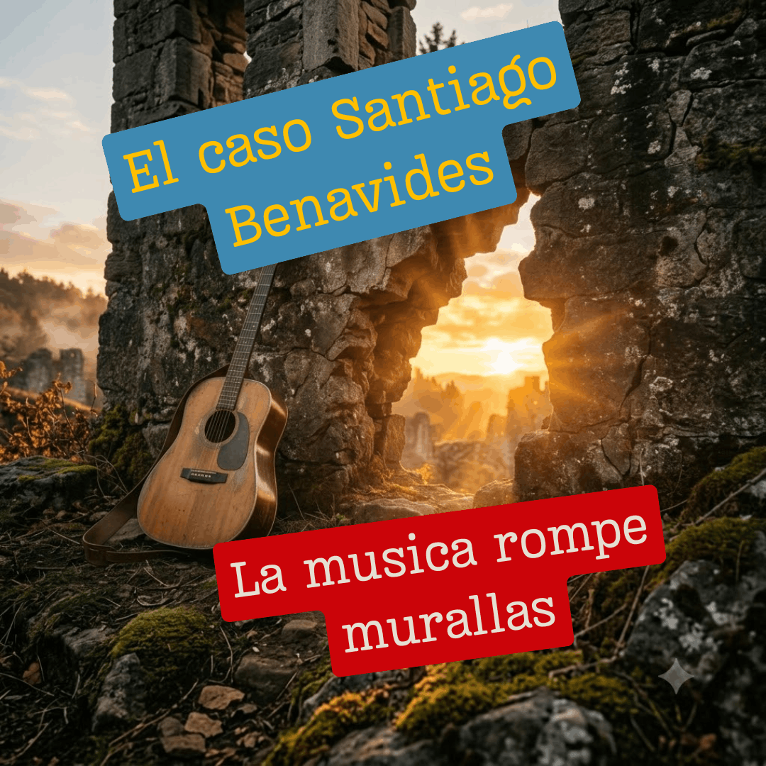 Guitar leaning on a ruined stone wall at sunset with blue banner saying 'El caso Santiago Benavides' and red banner 'La musica rompe murallas'.