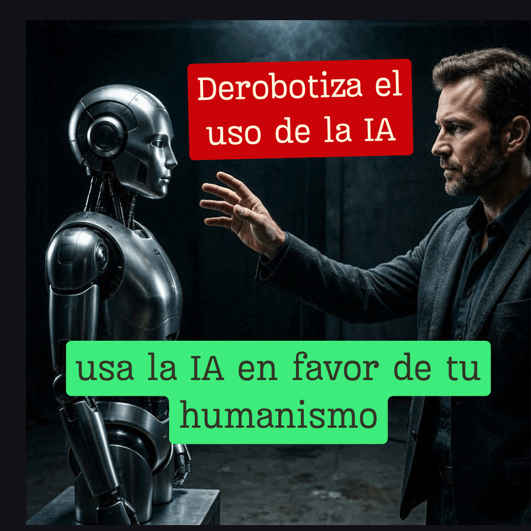 Man confronting a silver humanoid robot, with red banner text 'Derobotiza el uso de la IA' and green banner 'usa la IA en favor de tu humanismo'—promoting ethical AI use.
