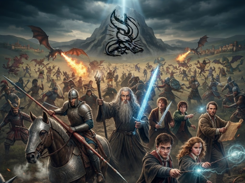 Epic fantasy battle scene with knights, wizards, and dragons charger toward a mountain crowned by a dragon emblem on a smoky horizon.