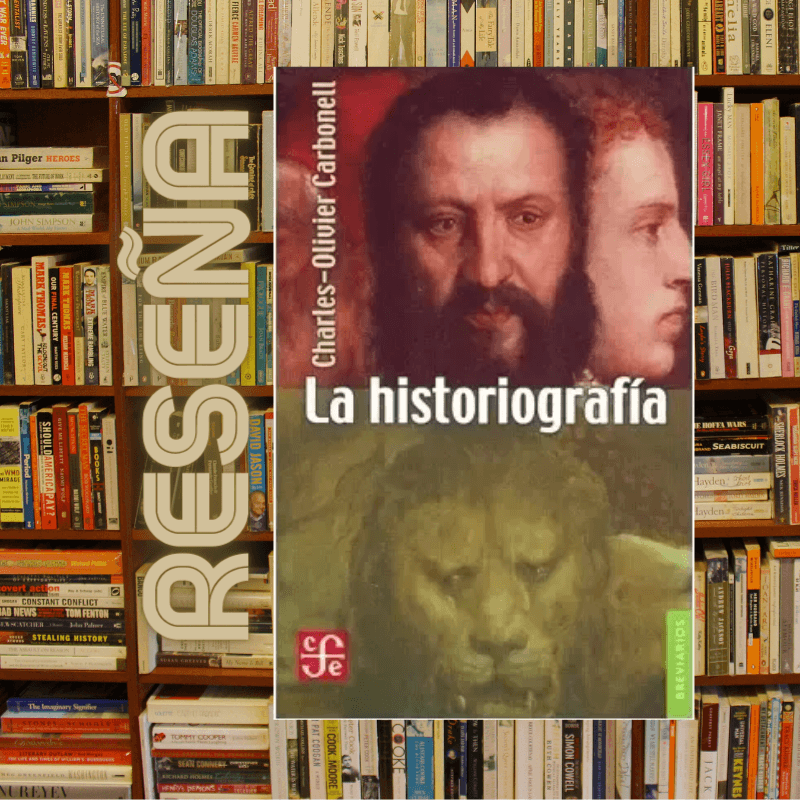 Book cover of 'La historiografía' showing two faces, displayed on a bookstore shelf backdrop.