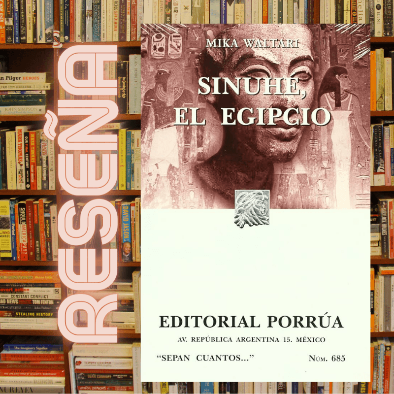Bookstore shelf with a large poster for 'Sinuhe, el Egipcio' by Mika Waltari, Editorial Porrua, featuring a sepia-toned statue head image.