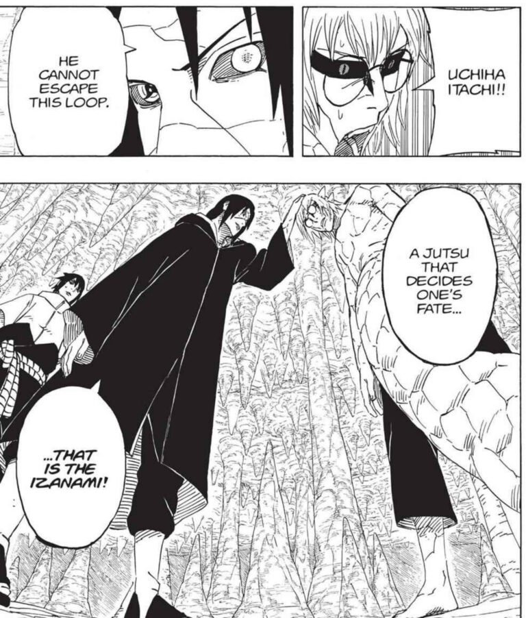 Close-up of a character's eye with a speech bubble: 'He cannot escape this loop,' then a shocked figure shouting 'Uchiha Itachi!!' as they charge forward in a forest of trees; another speech bubble reads 'A jutsu that decides one's fate... Izanami.'