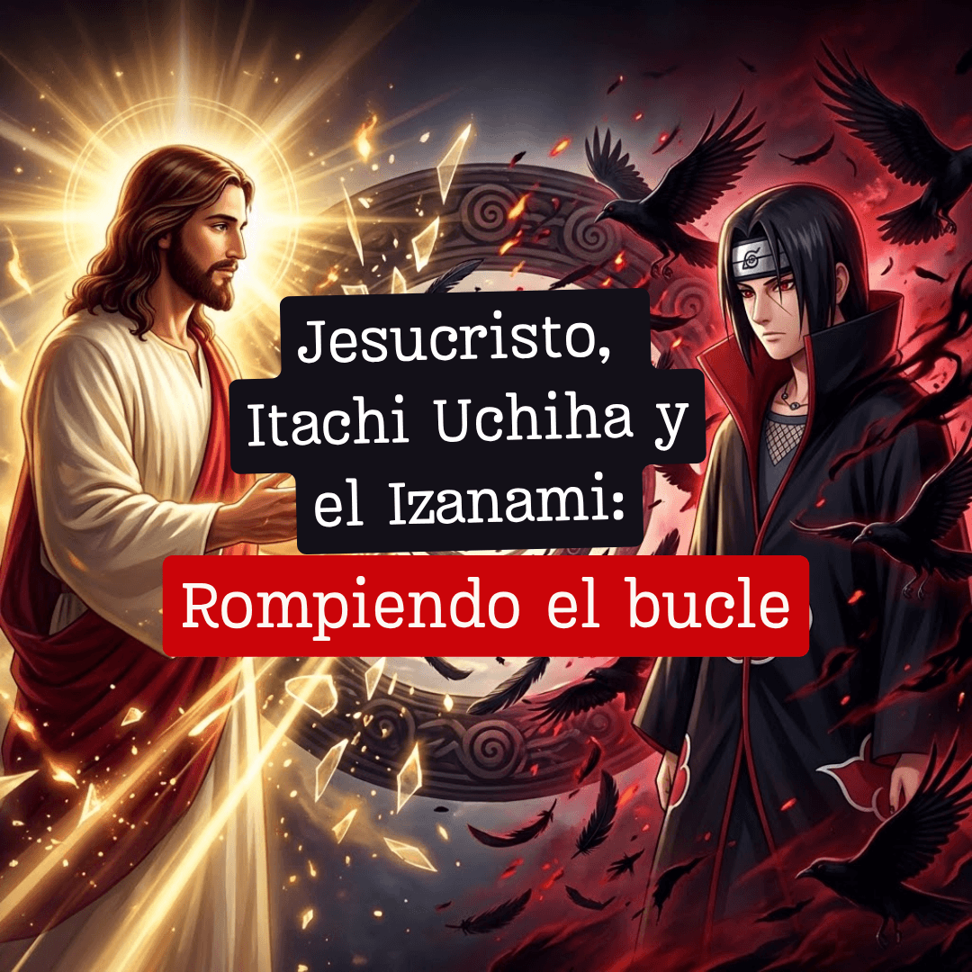 Ilustración de Jesús a la izquierda y Itachi Uchiha a la derecha, con plumas negras y un círculo luminoso; texto: 'Jesucristo, Itachi Uchiha y el Izanami: Rompiendo el bucle'
