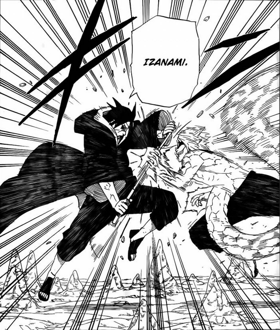 Two fighters clash in midair as dramatic speed lines surround them; speech bubble reads 'IZANAMI.'